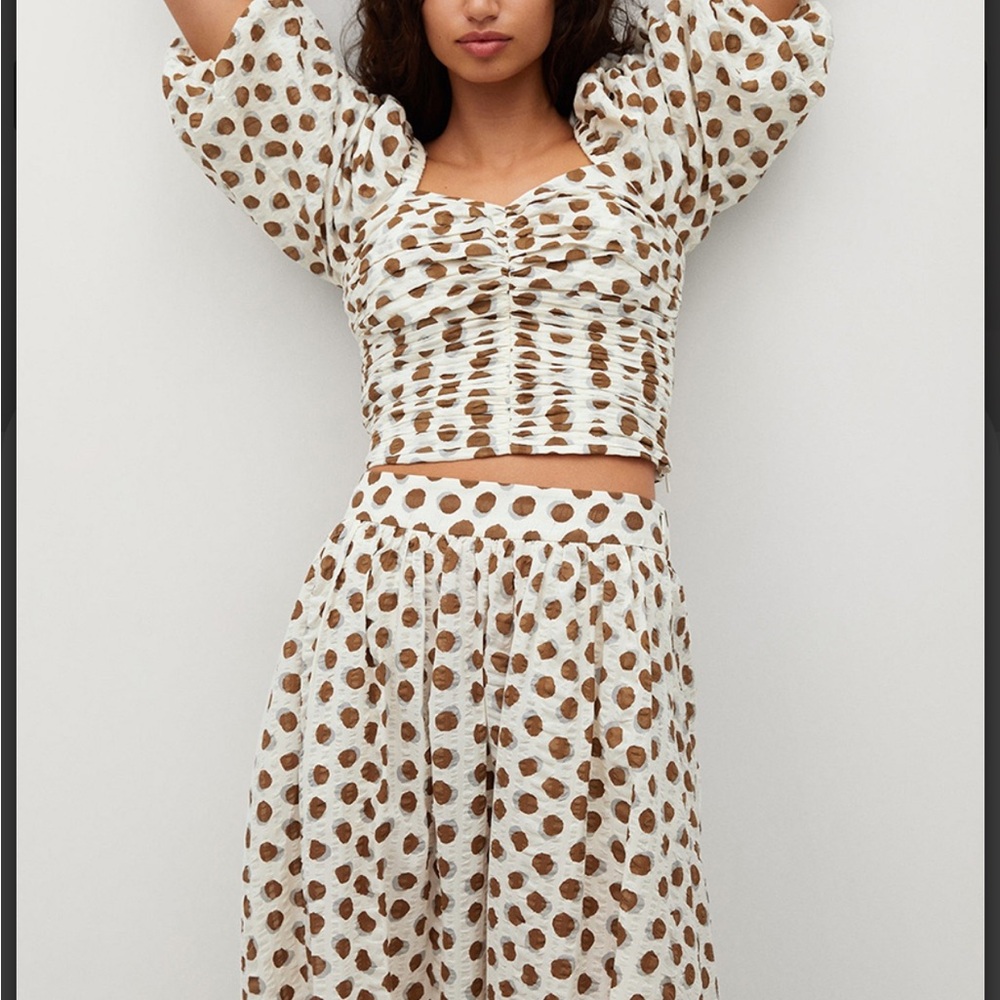 Mango White and Brown Polka Dot A-Line Skirt